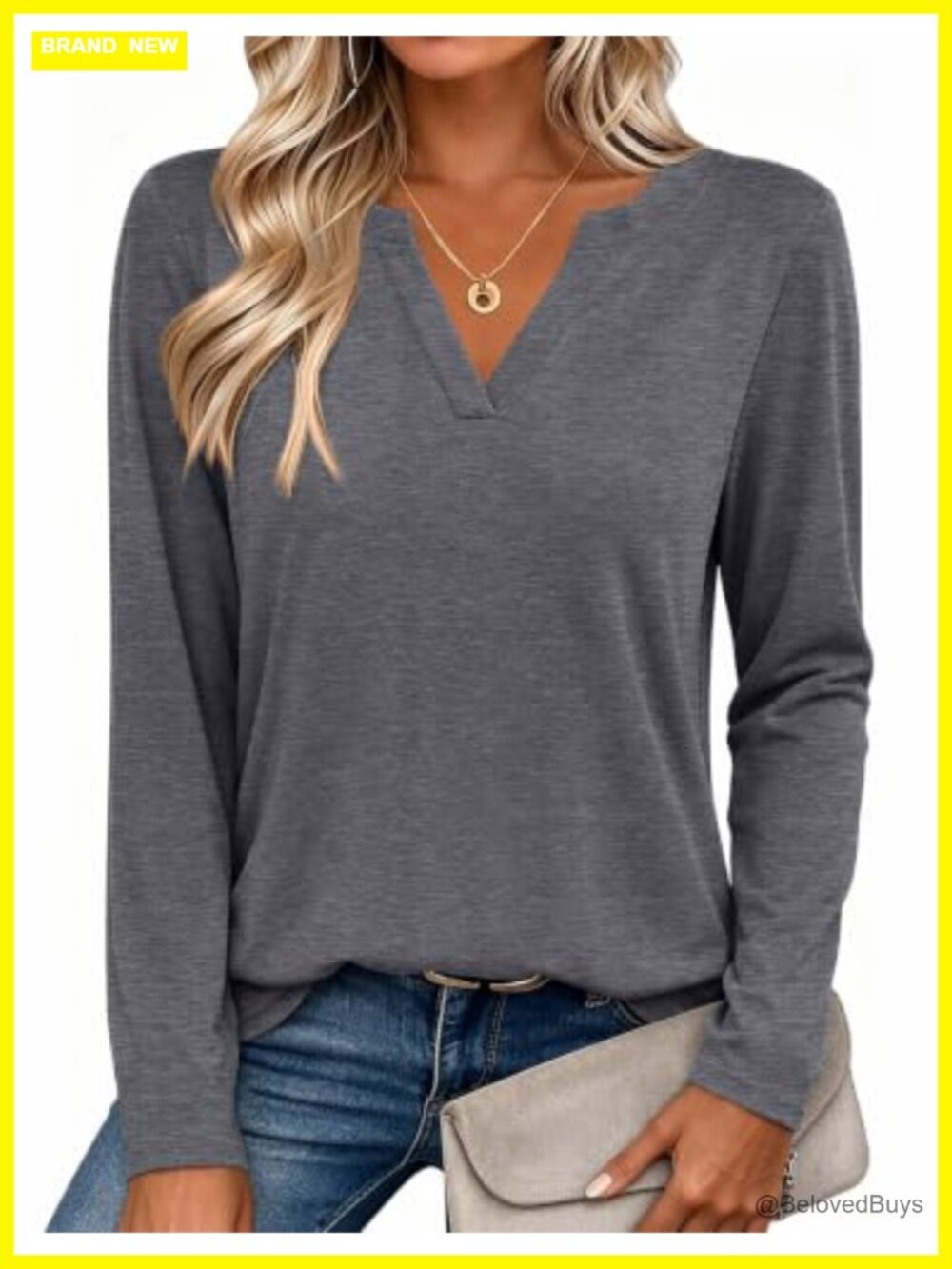 Womens Long Sleeve V Neck Top Soft Stretch Pullover Tee Casual Tunics